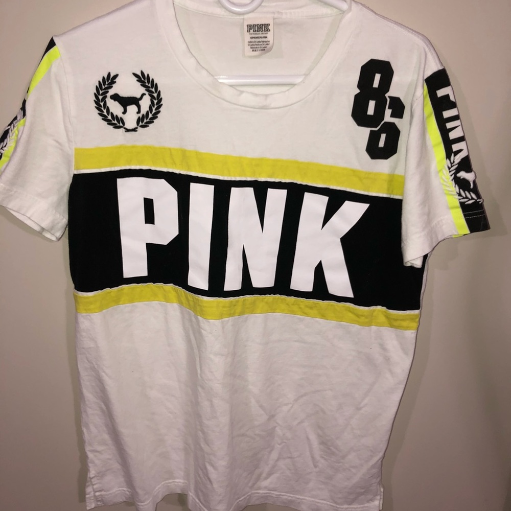 PINK tee shirt yellow, black, and white